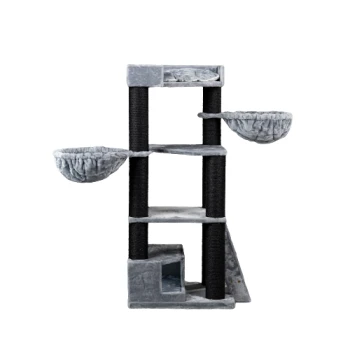 Katzenbaum mit mehreren Ebenen, zwei hängenden Körben, Kratzpfosten und einem gemütlichen Versteck an der Basis, in grau und schwarz.