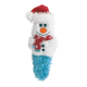 Ein plüschiger Schneemann-Spielzeug, der einen roten Weihnachtsmannhut und einen roten Schal mit Schneeflocken trägt, mit einem blauen flauschigen Boden und einem lächelnden Gesicht.