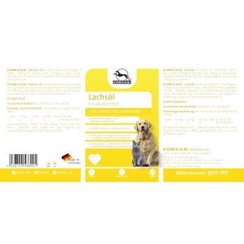 Fortan Lachsöl-Etikett mit einem Golden Retriever und einer Katze, das omega-Fettsäuren, Fütterungstipps und Lagerungsanweisungen beschreibt.