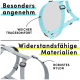 Hellblaues und graues Haustiergeschirr mit den Aufschriften 'Besonders angenehm' und 'Widerstandsfähige Materialien' für Komfort und Haltbarkeit.