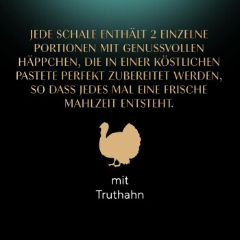 Verpackung für Haustierfutter mit einer goldenen Truthahnsilhouette, mit Text, der zwei Portionen Gourmet-Pâté für frische Mahlzeiten beschreibt.