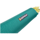 Eine Nahaufnahme eines türkisfarbenen Hundespielzeugs mit einem gelben Ende, mit einem schwarz-weißen "RUFFWEAR"-Logo.
