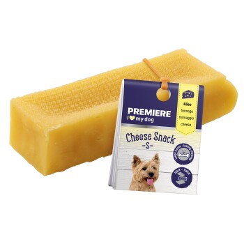 Cheese Snack for dogs, featuring a yellow cheese block and packaging with the text "Premiere I love my dog" and "Cheese Snack - S".
