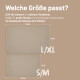 Zwei beige Hundematten mit Kennzeichnung L/XL (150×115 cm) und S/M (100×75 cm) und deutscher Überschrift 'Welche Größe passt?'.