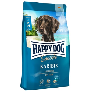 Hundefutterbeutel mit der Aufschrift "Happy Dog Sensible Karibik" mit einem braunen Hund vor einem Strandhintergrund, mit "Seefisch" deutlich angezeigt.