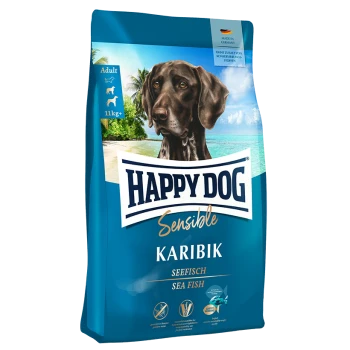 Hundefutterbeutel mit der Aufschrift "Happy Dog Sensible Karibik" mit einem braunen Hund vor einem Strandhintergrund, mit "Seefisch" deutlich angezeigt.