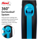 Flexi 360° Leinen-System mit einem blauen Gurt und ergonomischem Griff, mit Text über das verwicklungsfreie Design.