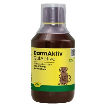 Braune Flasche von cdVet DarmAktiv GutActive, ein natürliches Haustierergänzungsmittel für die Darmgesundheit, mit einem gelben Etikett und grünen Akzenten.