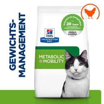 Hill's Prescription Diet Metabolic + Mobility Katzenfutterbeutel mit Katzenfoto, Badge 'Gewichts-Management' und '28 Tagen'.