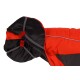 Rote und schwarze Hundejacke mit Kapuze, mit verstellbaren Riemen und weicher Fütterung, ideal für kaltes Wetter.