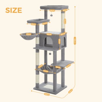 Katzenbaum mit mehreren Ebenen, Kratzpfosten und gemütlichen Plätzen; Abmessungen beschriftet: Höhe 186 cm, Breite 54 cm, Tiefe 48 cm.