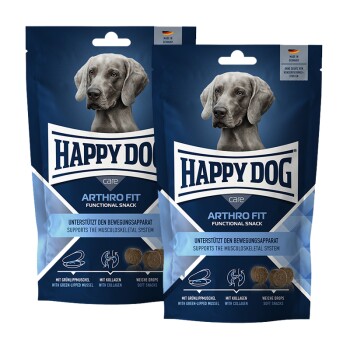 Zwei blaue Packungen Happy Dog Arthro Fit funktionale Hundesnacks mit grauem Hundebild und Text zur Unterstützung des Bewegungsapparats.