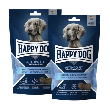 Twee blauwe verpakkingen Happy Dog Arthro Fit functionele hondensnacks met een grijs hondenbeeld en tekst ter ondersteuning van het bewegingsapparaat.