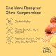 Bild, das Milo & Mia Haustierfutter bewirbt, mit glutenfreien, zuckerfreien und zusatzstofffreien Zutaten und Bildern von Fisch, Tomaten und Reis.