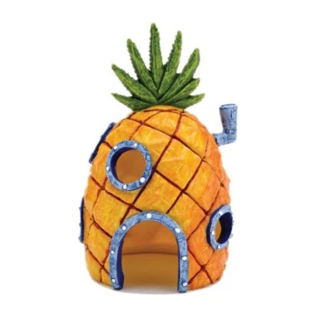 SpongeBob Mini Ananas Haus Ein farbenfrohes, ananasförmiges Haustierhaus mit einem grünen Blätterdach, mit runden Fenstern und einer blauen Tür, ideal für kleine Haustiere.