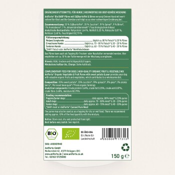 Ergänzungsfutter für Hunde, mit einer Mischung aus biologischen Früchten und Gemüse, einschließlich Süßkartoffel, Zucchini und Spinat.