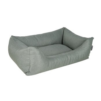 Graues Haustierbett mit erhöhten Seiten und einem weichen Kissen, ideal für kleine bis mittelgroße Haustiere.