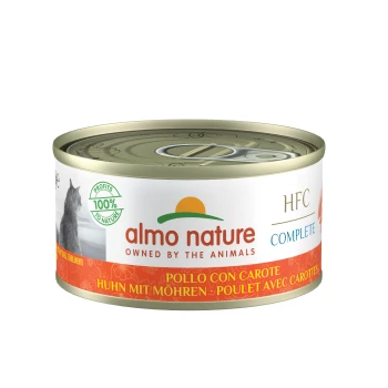 Almo Complete HFC Huhn mit Möhren 24x70 g Almo Nature Katzenfutterdose mit 'HFC Complete'-Etikett, Geschmäcker in Italienisch, Deutsch, Französisch, Katzensilhouette und '100% Gewinne für die Natur'-Logo.