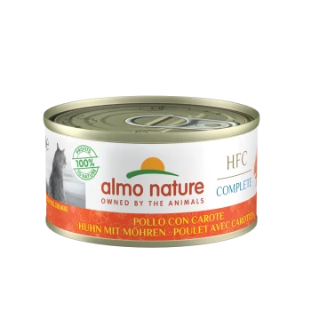 Almo Nature Katzenfutterdose mit 'HFC Complete'-Etikett, Geschmäcker in Italienisch, Deutsch, Französisch, Katzensilhouette und '100% Gewinne für die Natur'-Logo.