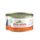 Almo Nature Katzenfutterdose mit 'HFC Complete'-Etikett, Geschmäcker in Italienisch, Deutsch, Französisch, Katzensilhouette und '100% Gewinne für die Natur'-Logo.