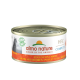 Almo Nature Katzenfutterdose mit 'HFC Complete'-Etikett, Geschmäcker in Italienisch, Deutsch, Französisch, Katzensilhouette und '100% Gewinne für die Natur'-Logo.