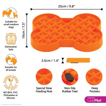 Orangefarbene, knochenförmige Slow-Feeder-Matte für Hunde, 25x19x3,5 cm, mit speziellen Noppen, rutschfesten Füßen, tiefen Taschen, spülmaschinenfest, BPA-frei.