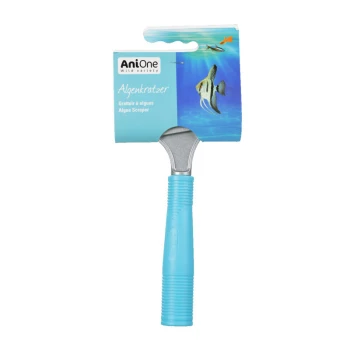 Algae scraper with a blue handle and metal blade, packaged with a label featuring fish and the text "AniOne Algenkratzer Algae Scraper."