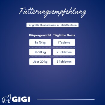 Fütterungsempfehlung für große Hunderassen: 1 Tablette bis 10 kg, 2 bis 20 kg, 3 über 20 kg. Gigi-Logo unten.