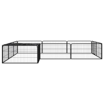 Schwarzes Metall-Haustierspielgehege mit mehreren Paneelen, mit einem überdachten Bereich für Schatten oder Schutz.