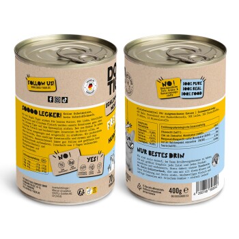 Zwei "DOG TIGER" Hundefutter-Dosen in Gelb und Blau, die keine künstlichen Zusatzstoffe und 100% reine Zutaten hervorheben.