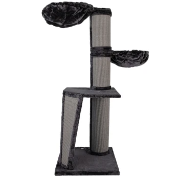 Ein hoher, grauer Katzenbaum mit zwei plüschigen, erhöhten Betten und einem Kratzbaum, der für das Spielen und Entspannen von Katzen konzipiert ist.