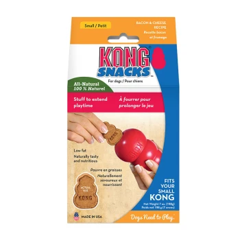 KONG Snacks package featuring a red KONG toy and a hand holding a bacon-flavored treat, labeled "All-Natural 100% Naturel."