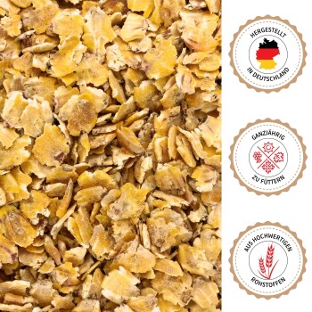 Nahaufnahme einer leuchtenden Sonnenblume mit deutschem Text über Lebensmittelzutaten aus Oberbayern, verarbeitet in Bruckmühl.