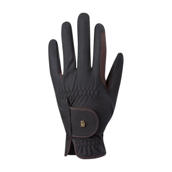 Schwarze Haustierpflegehandschuh mit strukturiertem Griff und braunen Akzenten, mit einem Druckknopfverschluss und dekorativen Nähten.