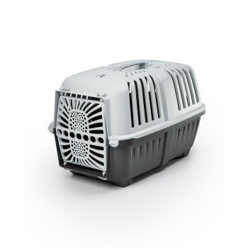 Grauer und weißer Haustierträger mit Belüftungsöffnungen und einem Griff, entworfen für den Transport kleiner Tiere.