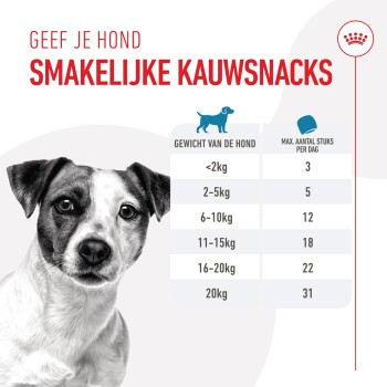 Een grafiek die de aanbevolen dagelijkse hoeveelheden smakelijke kauwsnacks voor honden toont op basis van hun gewicht, met een honden-silhouet en tekst in het Nederlands.