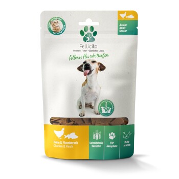 Fellicita Snackbeutel mit fröhlichem Hundeabbild, Fellonis Fleischstreifen, 'Chicken & Perch', getreidefrei, Junior/Adult/Senior