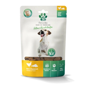 Fellicita Snackbeutel mit fröhlichem Hundeabbild, Fellonis Fleischstreifen, 'Chicken & Perch', getreidefrei, Junior/Adult/Senior