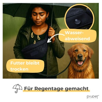 Eine Person mit einem Hund hält einen Regenschirm, zeigt einen wasserabweisenden Tierfutterbeutel mit der Aufschrift "Futter bleibt trocken" und "Wasser-abweisend."