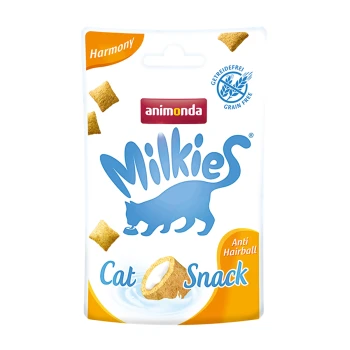 Milkies Cat Snack 12x30g Harmony Emballage pour Animonda Milkies Cat Snack, présentant une silhouette bleue de chat, avec un texte indiquant "Anti Boule de Poils" et "Sans Céréales."
