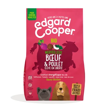 Sac de nourriture pour chiens présentant la marque Edgard Cooper, étiqueté 'BIO Merveilleux Bœuf & Poulet,' avec des illustrations de légumes et d'animaux.