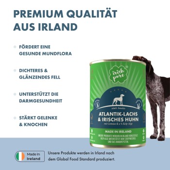 Grüne Dose mit Premium-Hundefutter, beschriftet "Atlantik-Lachs & Irisches Huhn" mit gesundheitlichen Vorteilen auf Deutsch und einer Hundesilhouette.