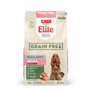 Gain Elite Grain Free dog food for small dogs, 12kg bag, featuring salmon as the main ingredient, labeled as adult nutrition.