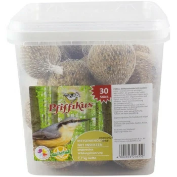 Durchsichtiger Kunststoffbehälter mit 30 Pfiffikus-Meisenknödeln (mit Insekten), Etikett mit Vogelabbildung.