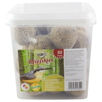 Durchsichtiger Kunststoffbehälter mit 30 Pfiffikus-Meisenknödeln (mit Insekten), Etikett mit Vogelabbildung.