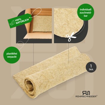 Aufgerollte Naturfaser-Käfigmatte, Zuschneide-Scheren-Icon, Beschriftungen ‚100% NATÜRLICH‘ und ‚plastikfrei verpackt‘