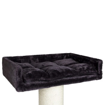 Schwarzes Plüschkatzenbett mit einem gepolsterten Design, das auf einem beigen Kratzbaum ruht.
