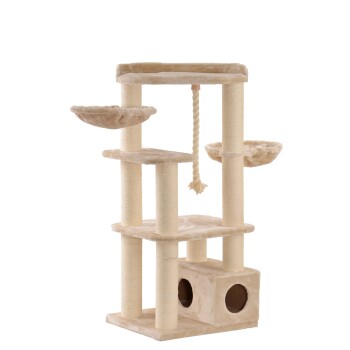 Ein beiger Katzenbaum mit mehreren Ebenen, zwei hängenden Körben, einem Kratzbaum und einem gemütlichen, würfelförmigen Versteck an der Basis.