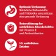 Tierfutterverpackung auf rotem Hintergrund mit Symbolen und Text über Verdauungsunterstützung, natürliche Abwehrkräfte und natürliche Zutaten.