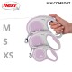 Une main tenant trois tailles de laisses rétractables Flexi en rose et blanc, étiquetées XS, S et M, avec le texte "NEW COMFORT" au-dessus.